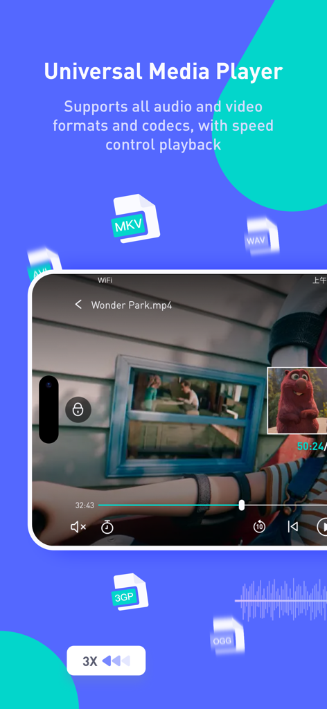 X Player - Watch TV and Movies - X Player app interface showing universal video format support and playback speed control