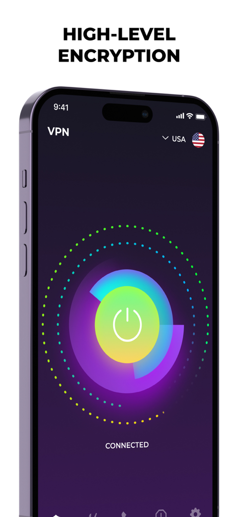 Interface do aplicativo Louna System no iPhone mostrando uma VPN conectada com texto de criptografia de alto nível