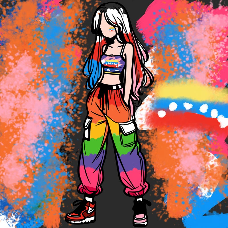 girl in baggy pants crop top and long hair