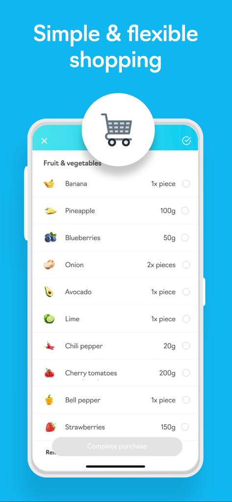 FoodPal - Diet Plan - Smart shopping list feature in the FoodPal app showing various fruits and vegetables with quantities.