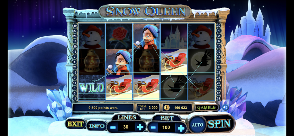 LiveGames Slots - Gameplay screenshot of the Snow Queen themed slot machine in LiveGames Slots showing winning lines and points won