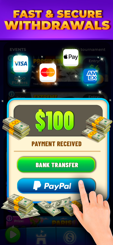 Aplicación Bingo Money que muestra opciones rápidas y seguras de retiro de efectivo real como PayPal y Apple Pay