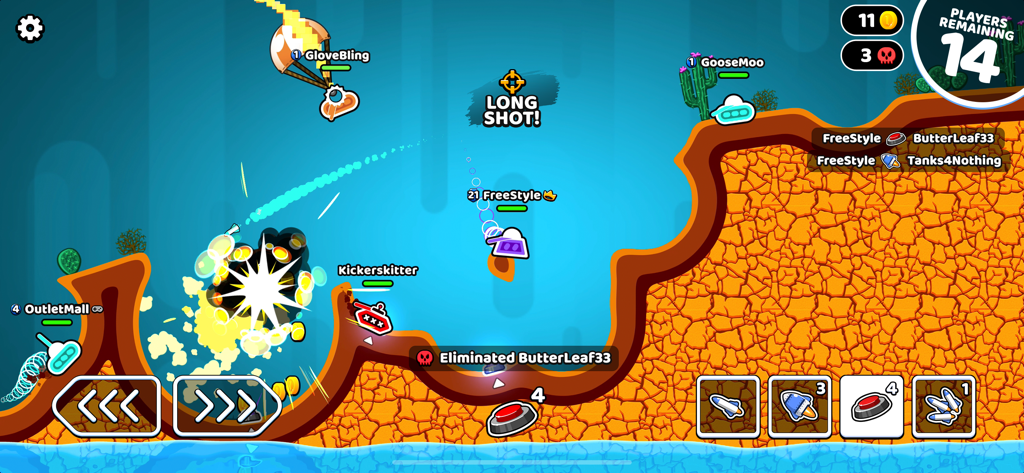 Rocket Bot Royale - Gameplay of Rocket Bot Royale showing 2D tanks in a battle with explosions and destructible terrain.