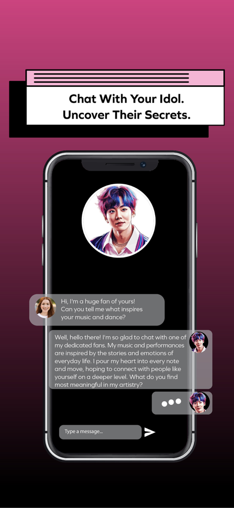 Kpop Idol Chat: AI Idols - Smartphone screen showing an AI chat conversation with a K-pop idol avatar