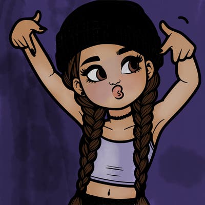 realistic teenage girl with braids and a beanie and crop top doing 🫶🏼