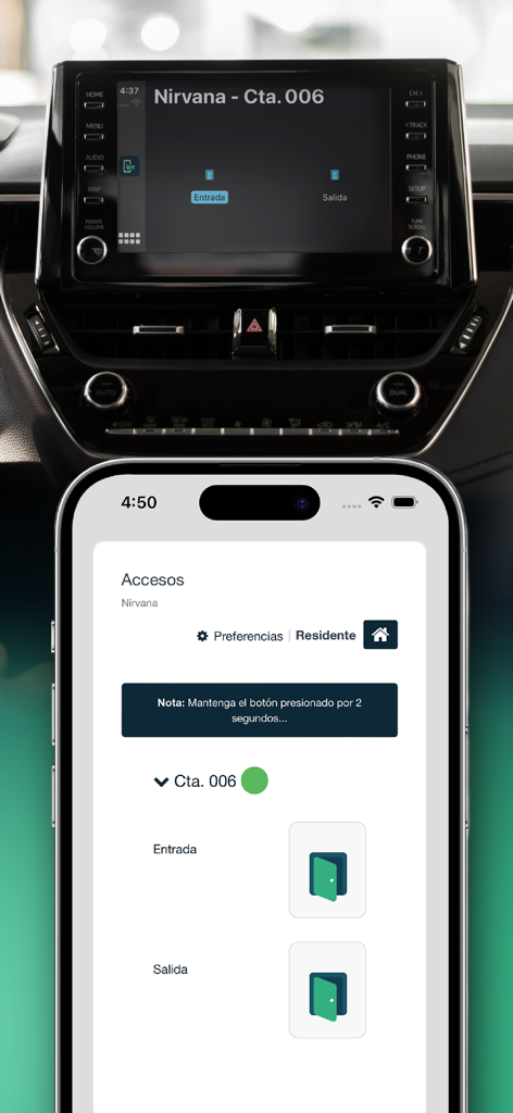 beResident - Smartphone and car display showing the beResident app interface for remote gate entrance and exit control.