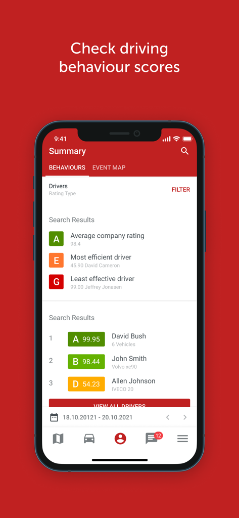 My-Fleet - Une capture d'écran de l'interface de l'application My-Fleet affichant les scores de comportement des conducteurs avec des notes alphabétiques et des évaluations de performance.