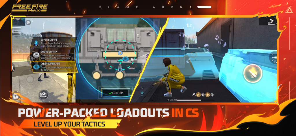 Sélection d'équipement tactique et bouclier de barricade cybernétique dans le gameplay de Free Fire MAX