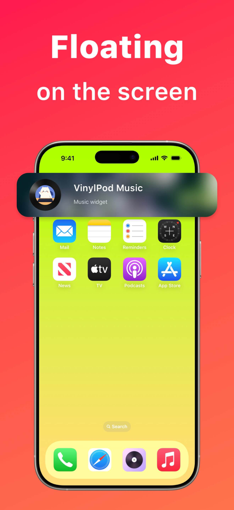 VinylPod music widget floating on an iPhone home screen.