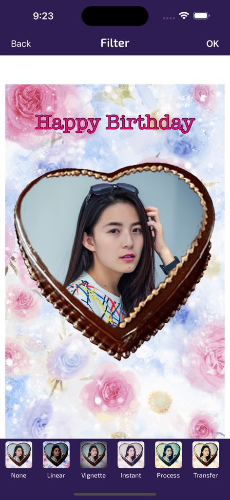 Birthday Photo Frames - Editor - Interfaz que muestra filtros de fotos aplicándose a un marco de cumpleaños en forma de corazón