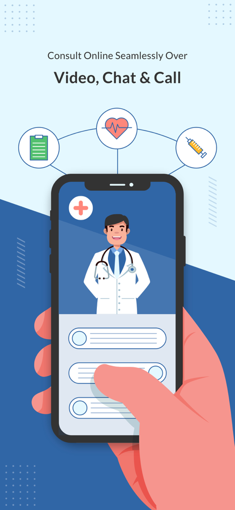 Gráfico que muestra a un médico en la pantalla de un móvil para videollamadas y consultas telefónicas en línea.