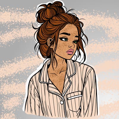 realistic woman with pajamas on and a messy bun