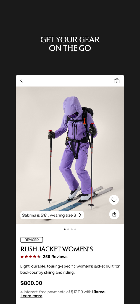 Arc'teryx - Outdoor Gear Shop - Arc'teryx mobile app displaying the Rush Jacket Women's for backcountry skiing.