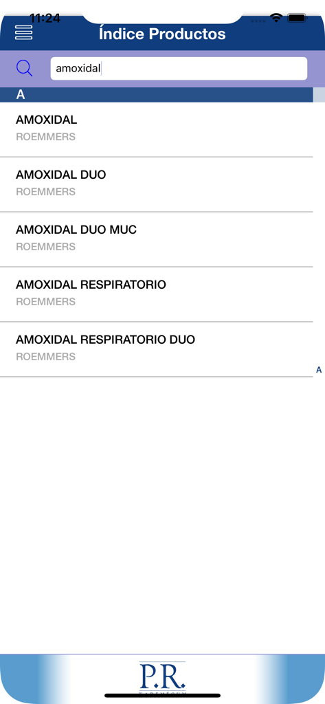PR Vademécum Argentina 2025 - Captura de pantalla de la aplicación PR Vademecum Argentina que muestra los resultados de búsqueda de medicamentos para Amoxidal