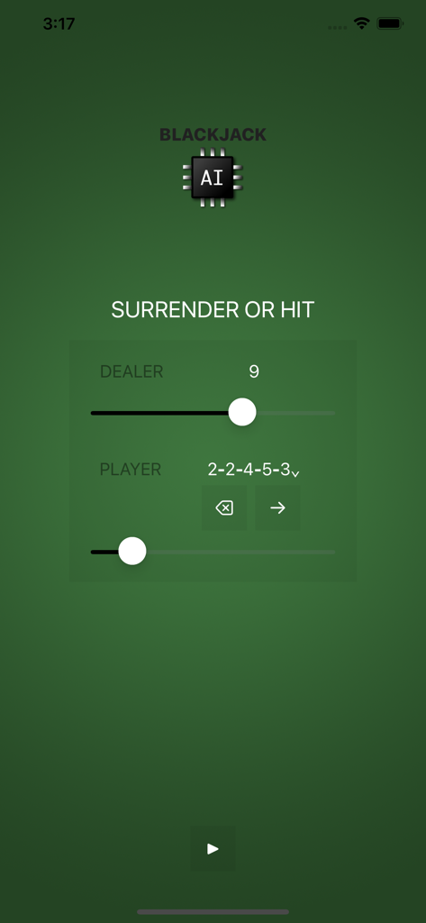ブラックジャックAIアプリインターフェース カードの値に基づいて降伏またはヒットの戦略アドバイスを表示