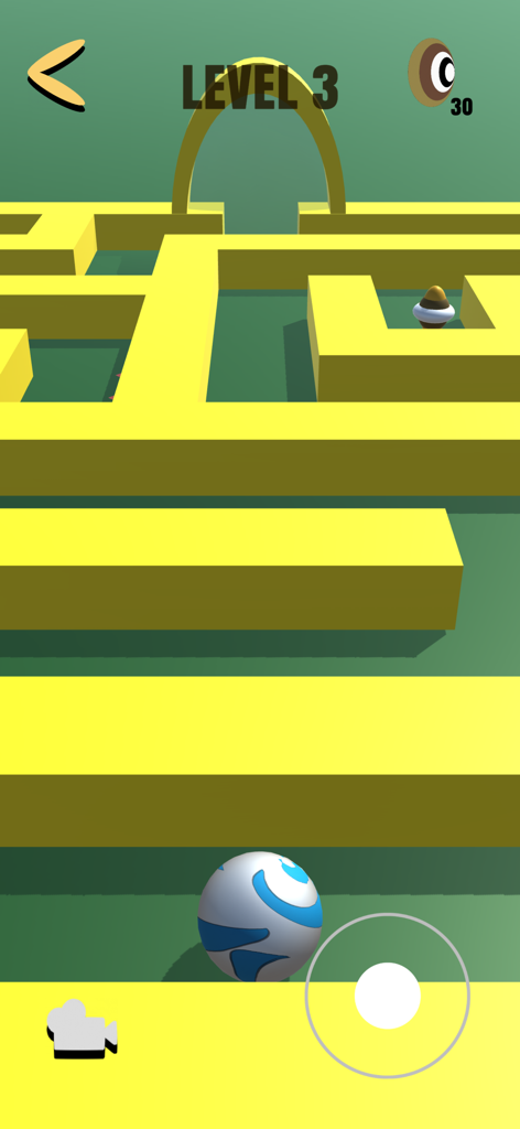 Maze Game 3D - Logic Labyrinth - Gameplay de Maze Game 3D montrant une balle bleue naviguant dans un labyrinthe 3D jaune au niveau 3