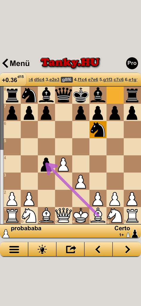 A chess game in progress on Sakk Pro featuring a minimalist board, move suggestions, and real-time engine evaluation