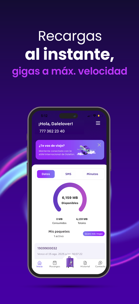 Mi Dalefon - Mi Dalefon app interface showing available data megabytes and consumption status on a mobile device.