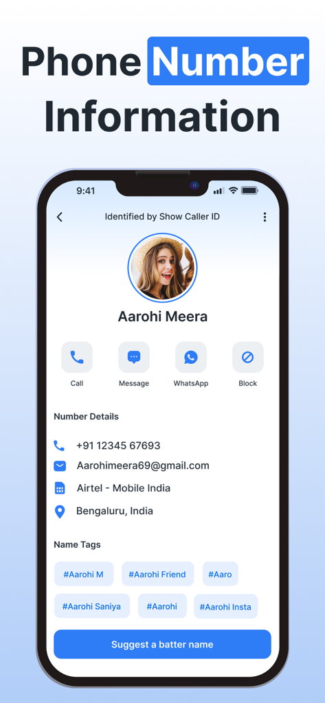 Show Caller ID & Spam Blocker - Interfaz de la aplicación móvil que muestra información del número de teléfono y el perfil de contacto de un llamador identificado.