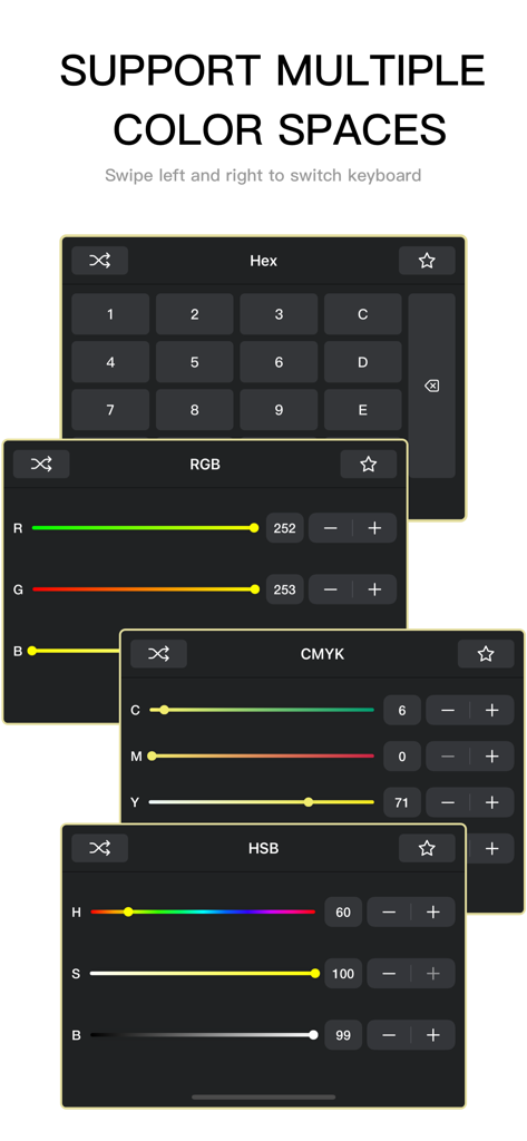 CONTRAST - Color Accessibility - Hex RGB CMYKおよびHSBカラー入力キーボードを表示するモバイルアプリインターフェイス