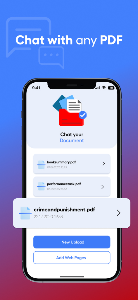 ChatPDF: PDF Ai & Pdf Summary - Interface do aplicativo ChatPDF mostrando uma lista de documentos PDF carregados e opções para carregar novos arquivos ou páginas da web.