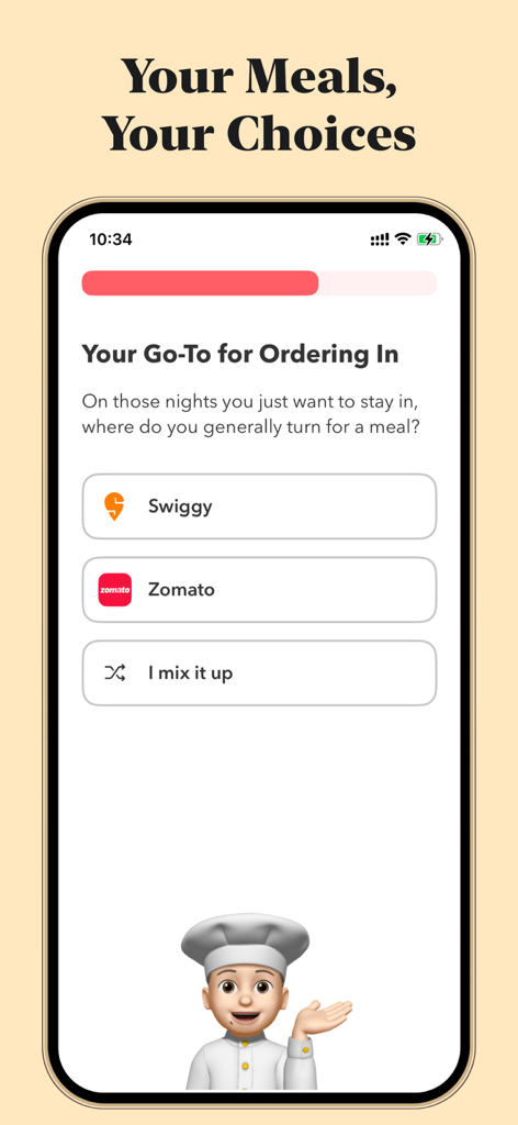 Plat – AI Meal Planner - Una schermata dello smartphone dall'app Plat AI Meal Planner che mostra le opzioni per i servizi di consegna di cibo come Swiggy e Zomato sotto l'intestazione Il tuo punto di riferimento per ordinare da fuori.