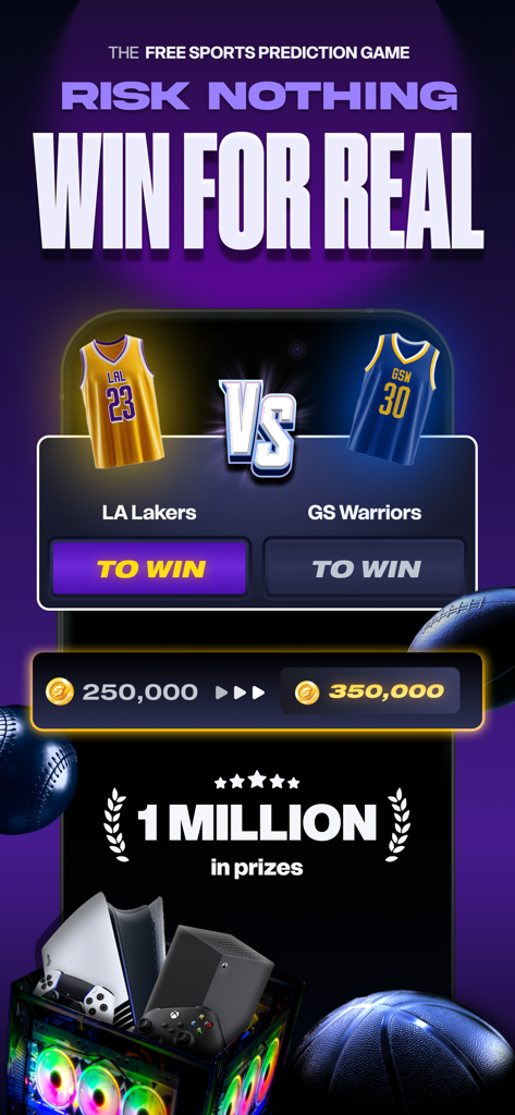 Stadium Live app screen showcasing free sports predictions for an NBA matchup with the chance to win gaming consoles and virtual coins