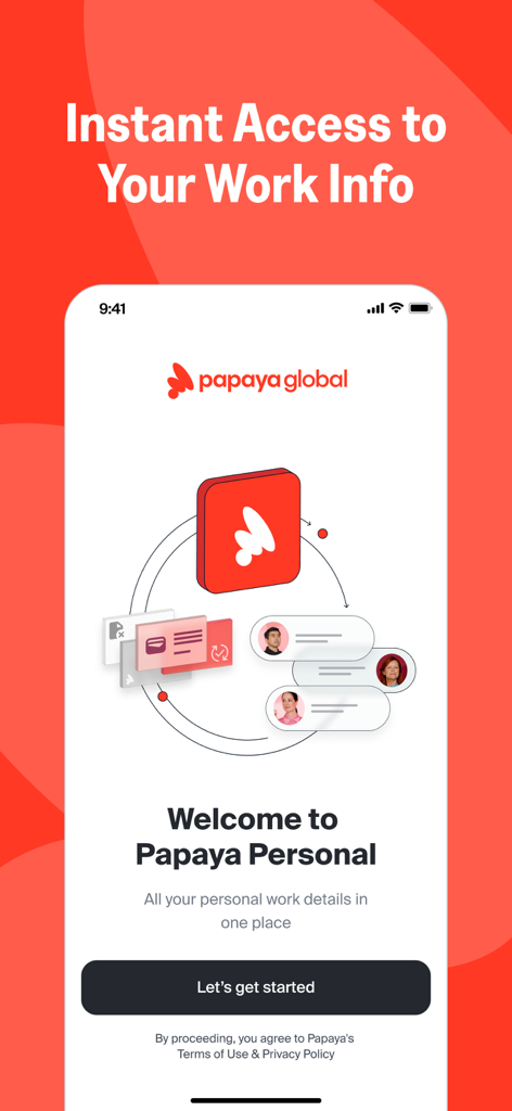 Papaya Personal: Employee App - Pantalla de bienvenida de la aplicación Papaya Personal que muestra acceso instantáneo a información laboral y detalles del empleado.