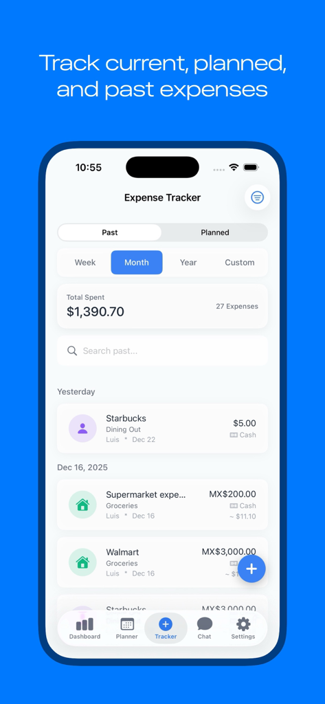 Household & Family Budget App - Interfaz móvil de la App de Presupuesto Familiar y del Hogar que muestra un rastreador de gastos mensual con una lista de transacciones recientes y un resumen total de gastos.