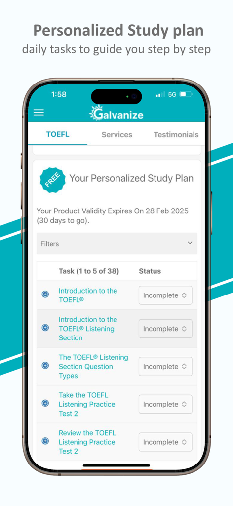TOEFL® Prep & Mock Tests - Interfaz de aplicación móvil que muestra un plan de estudio personalizado del TOEFL con tareas diarias y seguimiento del progreso.