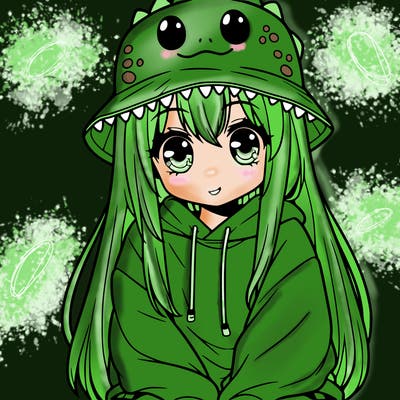 girl with anime shaped eyes with a dinosaur bucket hat oversized sweatshirt long straight hair