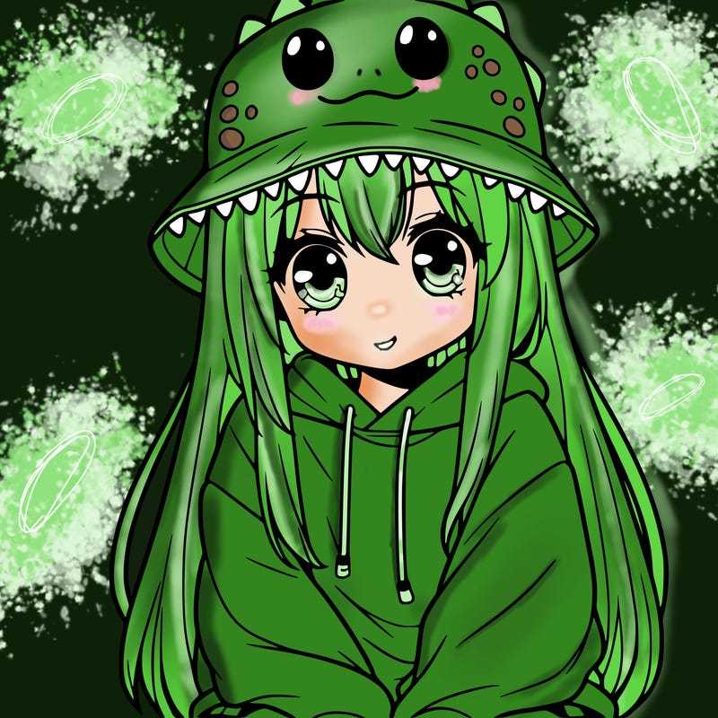 girl with anime shaped eyes with a dinosaur bucket hat oversized sweatshirt long straight hair