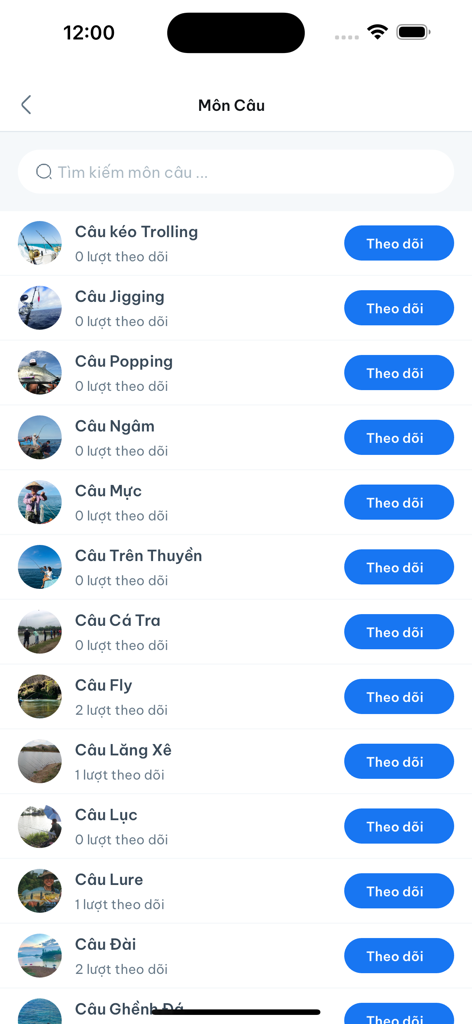 Fishmap - Fishmap mobile app screen displaying a list of fishing styles including trolling and fly fishing with follow buttons