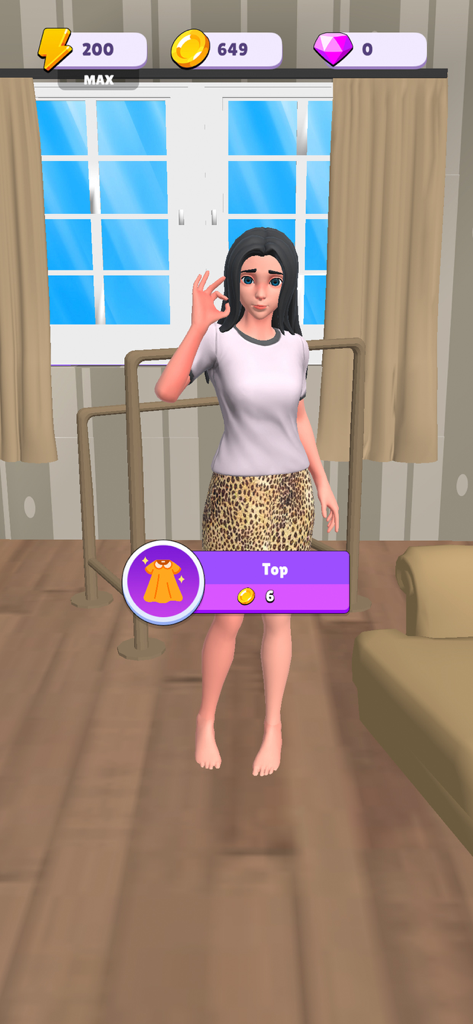 Fashion Merge Game: Super Life - Un personaje femenino en 3D posando con una falda de estampado de leopardo durante una sesión de cambio de imagen en el juego Fashion Merge