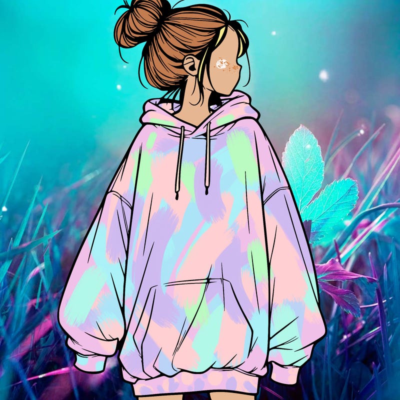 realistic girl with a oversized sweatshirt on and a bun