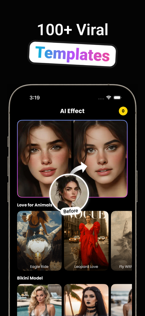 Face Swap AI Video - Facetik - Facetik app interface showing viral AI face swap templates and effects