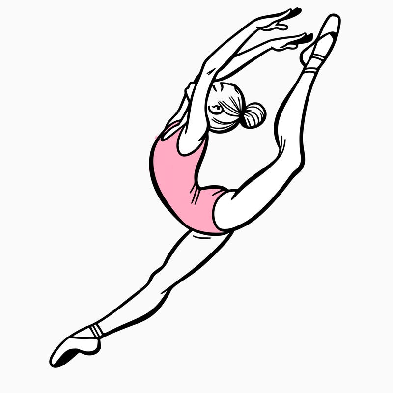 gymnast doing a leap in a leotard with a bent back leg