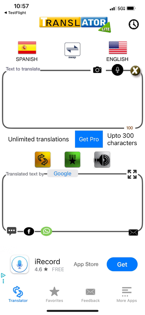English to Spanish translator- - Interfaz principal de la aplicación de traductor de inglés a español con herramientas de traducción de texto y voz