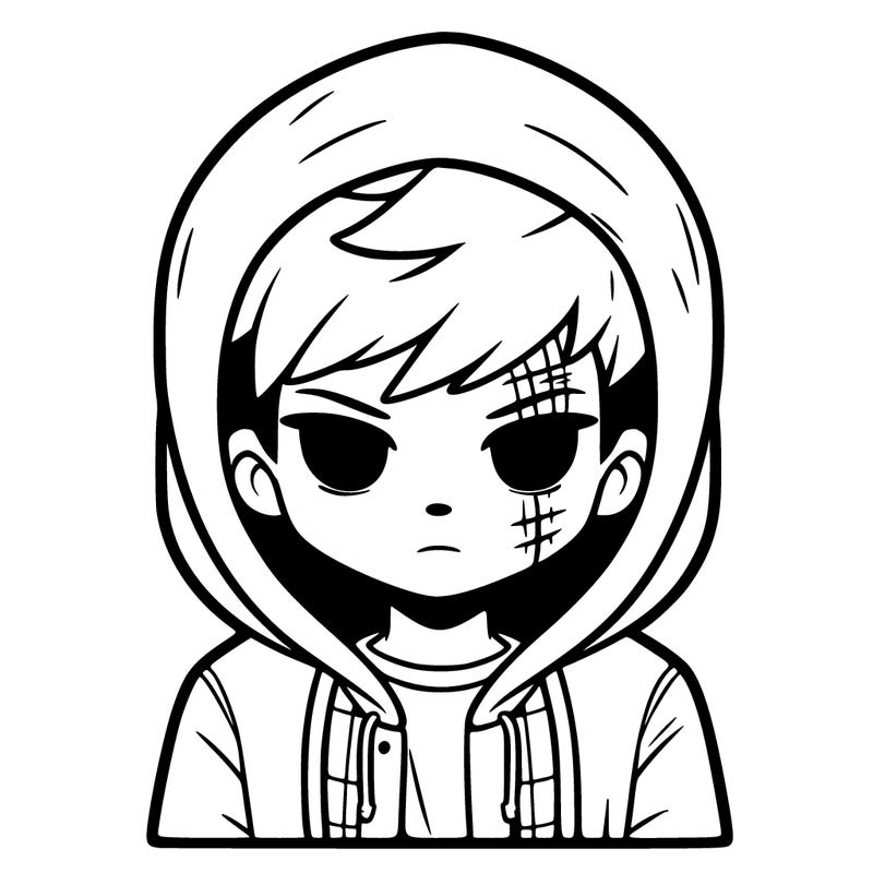 a boy with short hair dressed in a hoodie with a scar across his face that goes from the top right side of his face down to the bottom left side of his neck