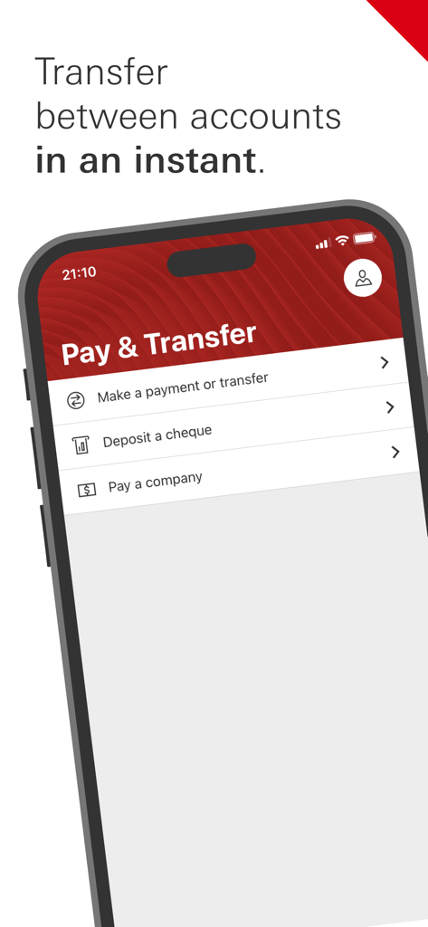HSBC CI & IoM - HSBC CI and IoM mobile app Pay and Transfer screen featuring options to make payments, deposit cheques, and pay companies.