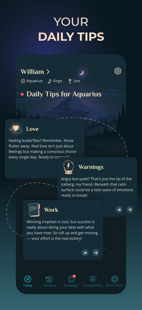 Daily Astrology Horoscope - Écran de l'application Horoscope Astrologique Quotidien affichant des conseils personnalisés pour le Verseau en amour, avertissements et catégories de travail