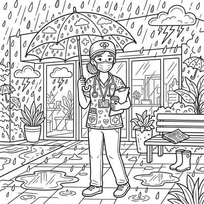 This heartwarming coloring page features a dedicated nurse navigating a rainy day, complete with an umbrella and a warm beverage. It's a perfect blend of everyday heroism and the serene beauty of a gentle rain, offering a peaceful moment to honor our healthcare professionals.
