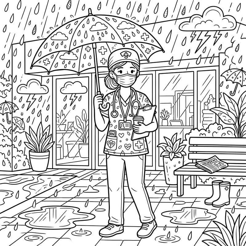 This heartwarming coloring page features a dedicated nurse navigating a rainy day, complete with an umbrella and a warm beverage. It's a perfect blend of everyday heroism and the serene beauty of a gentle rain, offering a peaceful moment to honor our healthcare professionals.