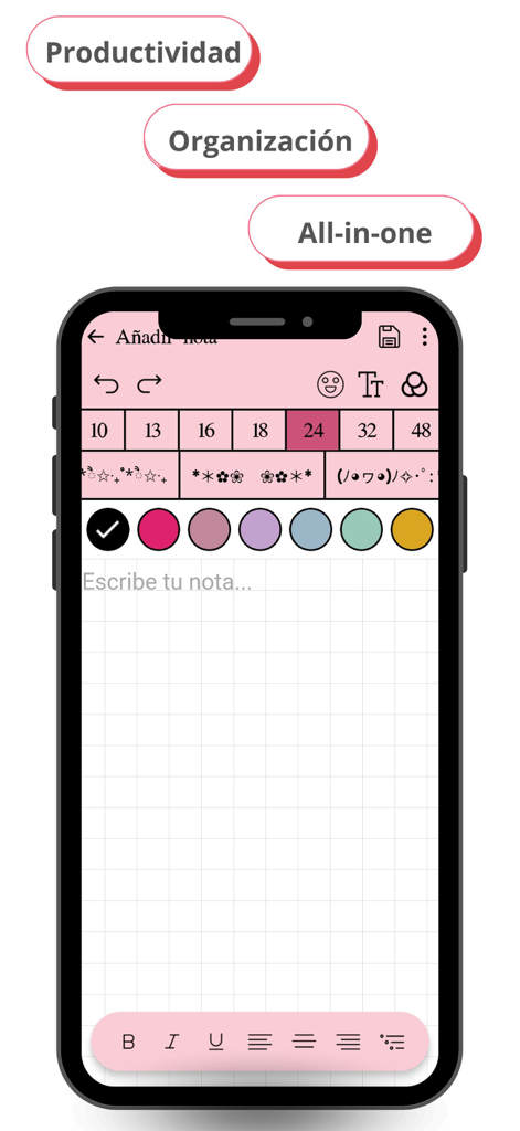 Interfaz de app móvil con tema rosa para crear notas estéticas con varios tamaños de fuente y opciones de color.