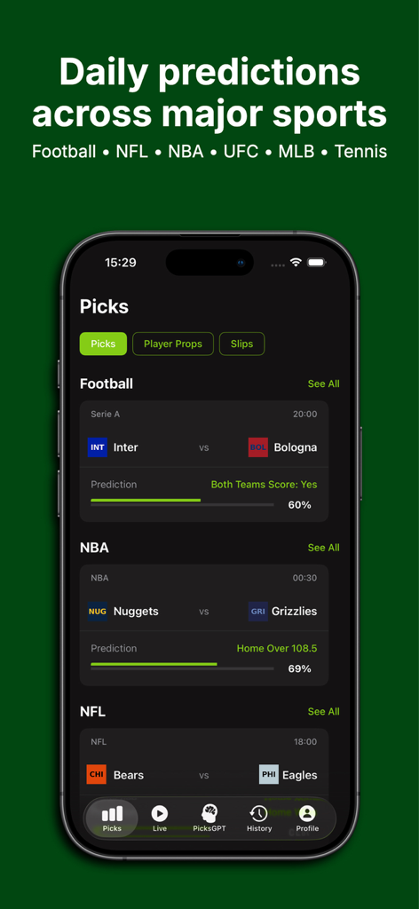 AI Powered Picks - Heatpicks - Pantalla de la aplicación móvil Heatpicks que muestra predicciones diarias de apuestas deportivas con IA y calificaciones de confianza para fútbol, NBA y NFL.