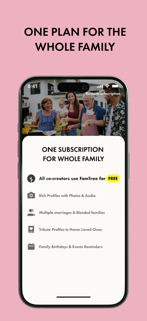 Screenshot of Famtree app highlighting subscription features like free access for co-creators and rich family profiles.