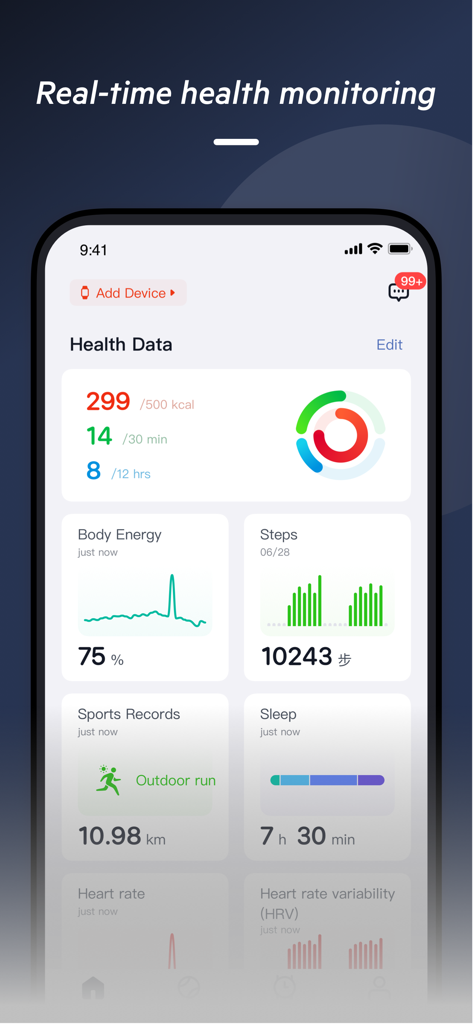 Belk Watch App-Oberfläche, die ein Echtzeit-Gesundheitsmonitoring-Dashboard mit Aktivitätsringen, Schritten und Schlafdaten anzeigt.