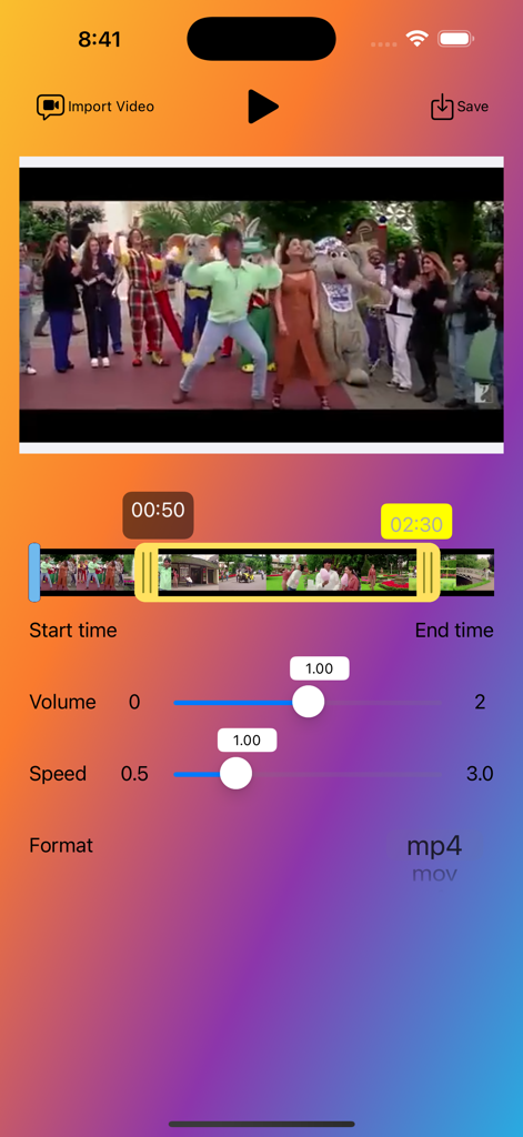 Video Cutter - VidTrim - User interface of Video Cutter VidTrim app featuring a video timeline slider with volume and playback speed controls