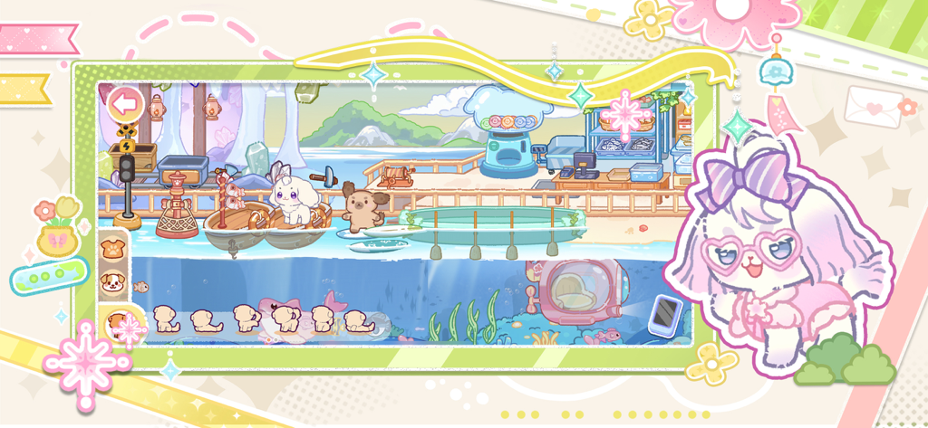 My Dog Town: Animal Sim Games - 마이 도그 타운에서 파스텔 색상의 섬과 수중 장면을 탐험하는 강아지들