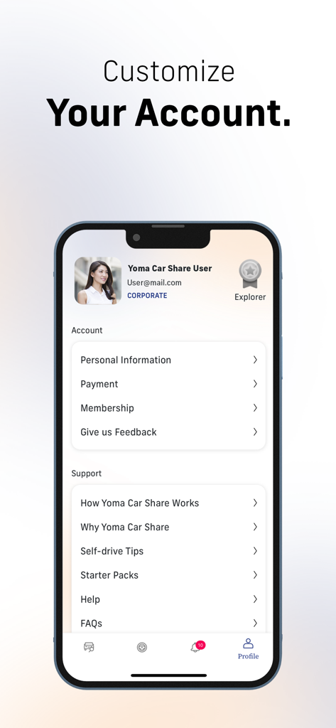 Yoma Car Share - Schermata del profilo utente nell'app Yoma Car Share che mostra le opzioni dell'account e del supporto.